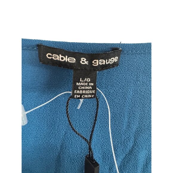 Cable & Gauge Womens Large Polyester Knit Blouse Blue Black Lace Bell Sleeve Sco - Picture 4 of 6